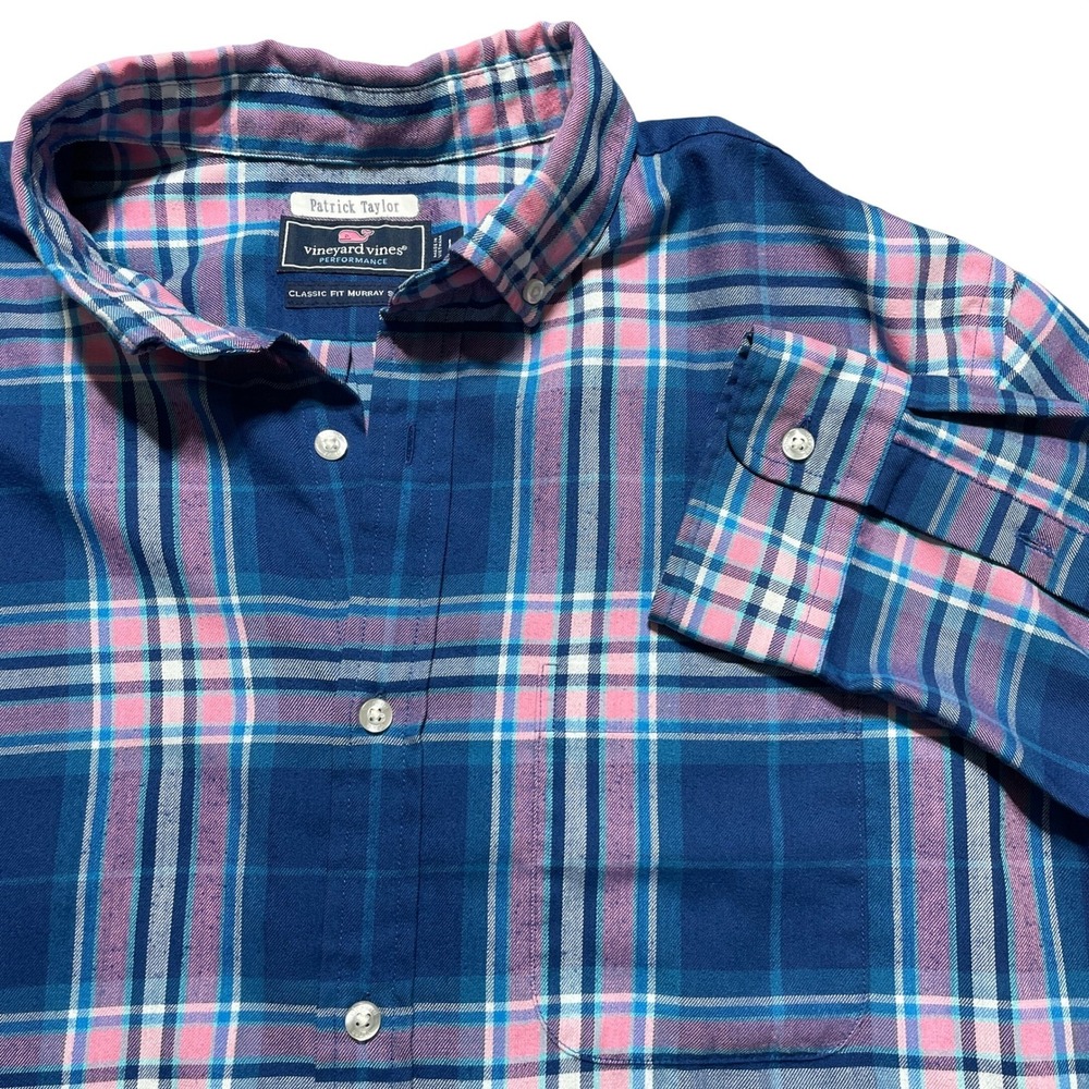 Vineyard Vines Performance Classic Fit Murray Shirt Blue Pink Plaid Mens L